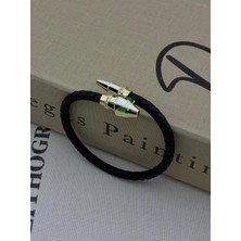 Hedef Bujiteri Gold Renk Yılan Detaylı Yeşil Zirkon Taşlı Siyah Ip Örgü Detay Bileklik