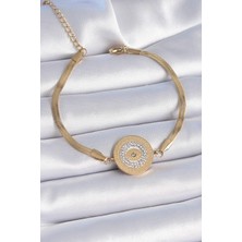 Net Damla Lisinya Gold Renk 316L Çelik Kadın Bileklik Zirkon Taşlı Göz İle İşlemeli Madalyon Model