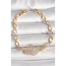 Pirinç Gold Renk Zirkon Taşlı Kuğu Figür Damla Zincir Model Kadın Bileklik - Lisinya