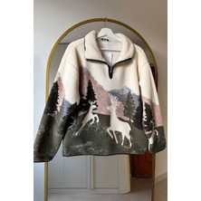 Magarde Geyik Desen Fermuarlı Polar Sweatshırt- Ekru