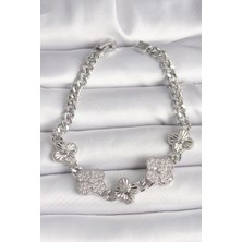 Pirinç Gümüş Renk Zincir Yonca Model Kadın Bileklik - Lisinya