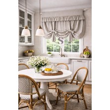 Shules Collection Bağlama Detaylı Gri Naturel Çizgili Retro Fon Perde( %100 Pamuk Buldan Kumaşı)