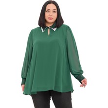 Disentis Modest Büyük Beden Yakası Çift Kat Şifon Astarlı Zümrüt Yeşili Bluz