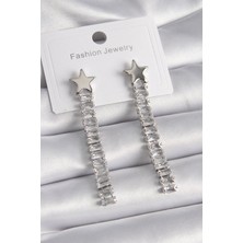 HERŞEYBURDAMODA Pirinç Gümüş Renk Yıldız Model Su Yolu Zirkon Taş Kadın Küpe