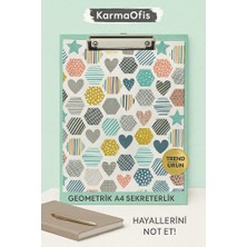KarmaOfis A4 Sekreterlik – Geometrik Kalp & Altıgen Desenli | Güçlü Metal Klipsli