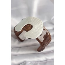 Kahverengi Mermer Desen Akrilik Plastik Gümüş Plaka Model Vintage Kadın Bilezik - Lisinya