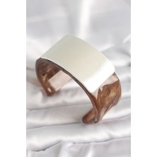 Kahverengi Mermer Desen Akrilik Plastik Gümüş Dikdörtgen Plaka Vintage Kadın Bilezik - Lisinya