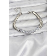 316L Çelik Gümüş Renk Kare Zirkon Taşlı Yılan Zincirli Kadın Bileklik - Lisinya