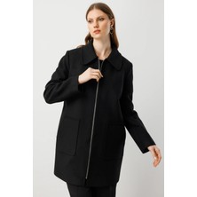 Ekol Kadın Büyük Beden Yandan Cepli Kaşe Kaban 6307 Siyah