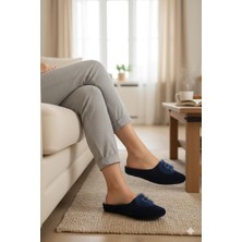 Shoemix Biocomfort Kadın Lacivert Peluş Ponponlu Kadife Ev ve Çeyiz Terliği - Şık ve Rahat