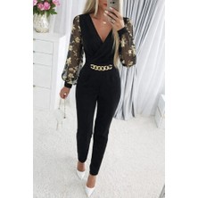 Kadın Uzun Kollu Kruvaze Yakalı Kolları Çiçek Desenli Janjan Krep Tulum