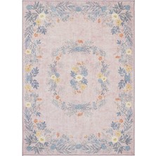 Cool Halı Florence Pembe Mavi Romantik Çiçek Desenli Yıkanabilir Dokuma Salon Oturma Odası Halısı