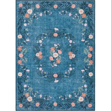 Cool Halı Florence Mavi Pembe Çiçekli Eskitme Otantik Yıkanan Şönil Ince Salon Oturma Odası Halısı