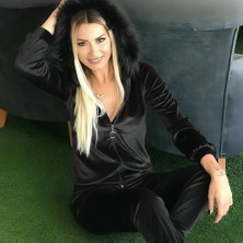 Defy Moda Kadın Uzun Kollu Önden Fermuarlı Kapşon Tüy Detaylı Kadife Bluz ve Pantolon Ikili Takım