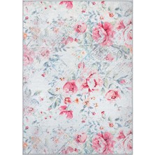 Cool Halı Florence Gri Pembe Çiçekli Dekoratif Yıkanabilir Dokuma Şönil Ince Salon Ev Oda Halısı