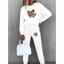Defy Moda Kadın Uzun Kollu Bisiklet Yaka Kalp Desenli Şardonlu Üç Iplik Bluz ve Pantolon Ikili Takım