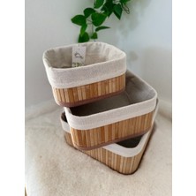 Go İthalat 3 Boy Kare Bambu Kenar Organizer Sepet Ahşap Altlık - Bezli 17X17-21X21-26X26CM (784)
