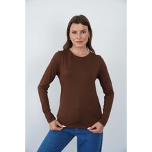 Penye Bizden Kadın Bisiklet Yaka Viskon Likra Uzun Kollu Tişört-Kahve