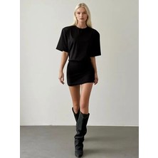 GILLA'S QUEEN Kadın Siyah Vatkalı Bel Lastikli Tişort Mini Elbise