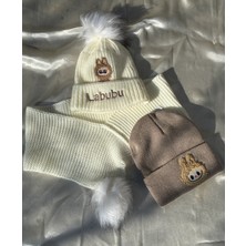 IRONMOON 3lü Takım Labubu Nakışlı Peluş Ponponlu Bere ve Boyunluk Seti