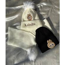 IRONMOON 3lü Takım Labubu Nakışlı Peluş Ponponlu Bere ve Boyunluk Seti