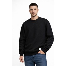 Erkek Siyah Basic Oversize Sweatshirt | %100 Pamuklu 3 Iplik Şardonlu Kalın Kışlık