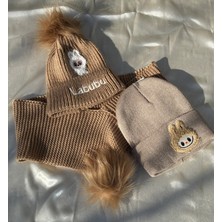 IRONMOON 3lü Takım Labubu Nakışlı Peluş Ponponlu Bere ve Boyunluk Seti