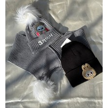 IRONMOON 3lü Takım Labubu ve Stich Nakışlı Peluş Ponponlu Bere ve Boyunluk Seti