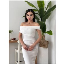 Kadın Beyaz Asimetrik Madonna Yaka Özel Tasarım Midi Elbise