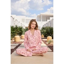 Aydoğan Lodos Store Kadın V Yaka Uzun Kollu Önden Düğmeli Pamuklu Pijama Takımı Yılbaşı Ağaç Desenli