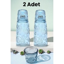iselahome Lemora Cam Başucu Sürahisi 1200 ml Desenli Kapaklı Su Şişesi 2'li-Mavi