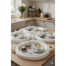 iselahome Nevora Örgü Desenli Kahve Sunum Tepsisi 4'lü Set Yuvarlak Beyaz