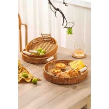 iselahome Ravena Rattan Dekoratif Sunum Servis Tepsisi 3'lü Ahşap Saplı Yuvarlak Tepsi