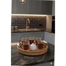 iselahome Ravena Rattan Dekoratif Sunum Servis Tepsisi 36 cm Ahşap Saplı Yuvarlak Tepsi