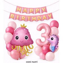 Meri Parti Deniz Canlıları Temalı 4 Yaş Doğum Günü Balon Seti – Pembe & Fuşya Konsept Yaş Seçenekli