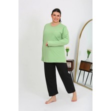 MiraLive Miray- Kadın Büyük Beden Uzun Kol Penye Pijama Takımı Fıstık Yeşili