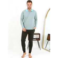 MiraLive Miray- Erkek Polo Yaka Uzun Kol Penye Pijama Takımı Su Yeşili
