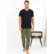 MiraLive Miray- Erkek Ekoseli Desen Penye Tek Alt Pijama Haki