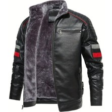 Nyc Giyim Tekstil Içi Kürklü Kolları Yatay Kırmızı ve Gri Çizgili Mont