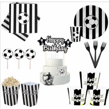 Zenviva Taraftar Siyah Beyaz 8 Tabak, 8 Bardak, 8 Mısır Kutusu, 10 Peçete, 10 Çatal, 10 Kürdan, 8 Cupcake, Pasta Bannerı