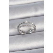 Pazarcan Pirinç Gümüş Renk Zirkon Taşlı Inci Detay Ayarlanabilir Model Kadın Yüzük - TJ-BYK3371