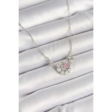 Nehir 316L Çelik Gümüş Renk Zirkon Taşlı Hilal Pembe Kalp Model Kadın Kolye