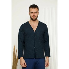 MiraLive Miray- Erkek %100 Pamuk Önden Düğmeli Cepli Uzun Kollu Pijama Takımı Lacivert