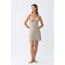 MiraLive Miray- Kadın Penye Vizon Leopar Desenli Ip Askılı Gecelik