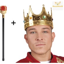 Vexor Altın Renk 60 cm Kral Tacı Kraliyet Tacı ve Kırmızı Topuzlu Kral Asası Seti
