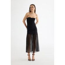 Quzu Straplez Kombine Midi Elbise Siyah