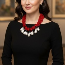 Mare Accessories Kırmızı Mercan Görünümlü Inci Detaylı Statement Kolye