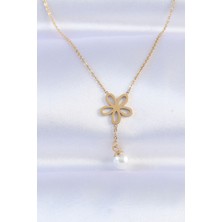 Pazarcan 316L Çelik Zincir Gold Renk Inci Detay Çiçek Kolye - TJ-BKO8730