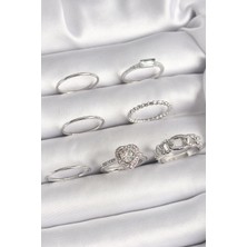 Pazarcan Pirinç Gümüş Renk Zirkon Taşlı Kalp Model Kadın Yüzük Kombini - TJ-BYK3661