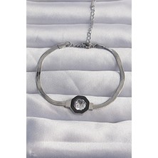 Nehir 316L Çelik Gümüş Renk Zirkon Taşlı Mineli Italyan Zincir Serenay Bileklik